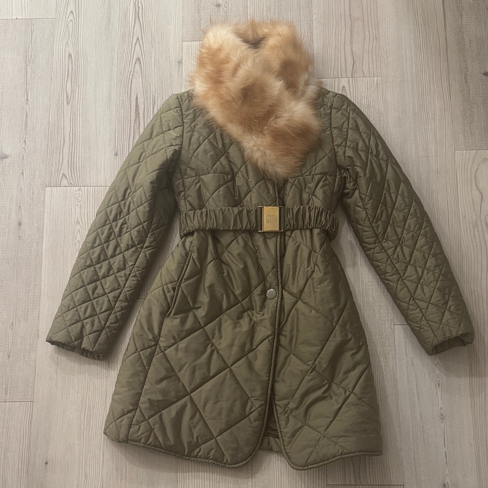 Olive Quilted Coat with Faux Fur Collar